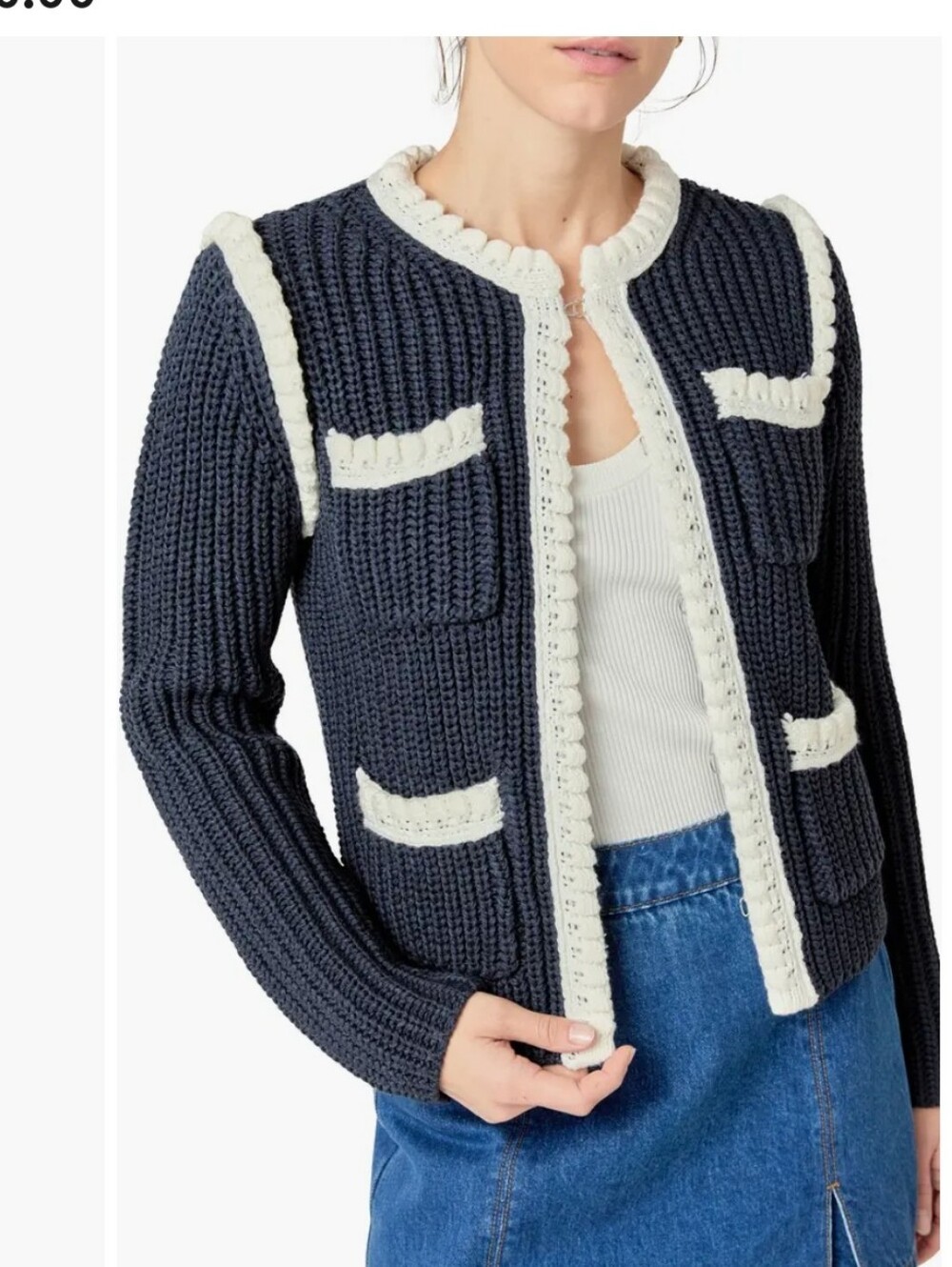 English Factory Colorblock Braided Cardigan Navy & White